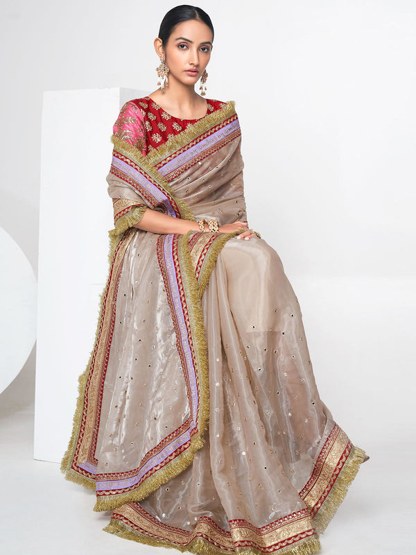 Beige Organza Saree With Unstitched Blouse Clothsvilla