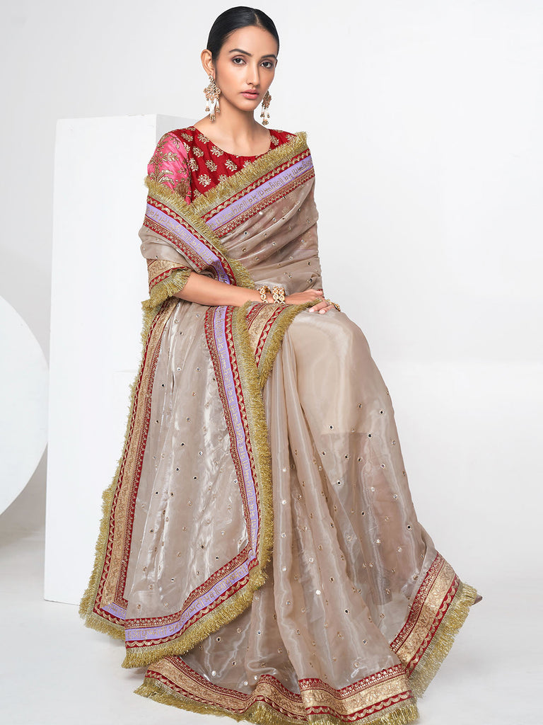 Buy Beige dori embroidered organza saree set by Torani at Aashni and Co