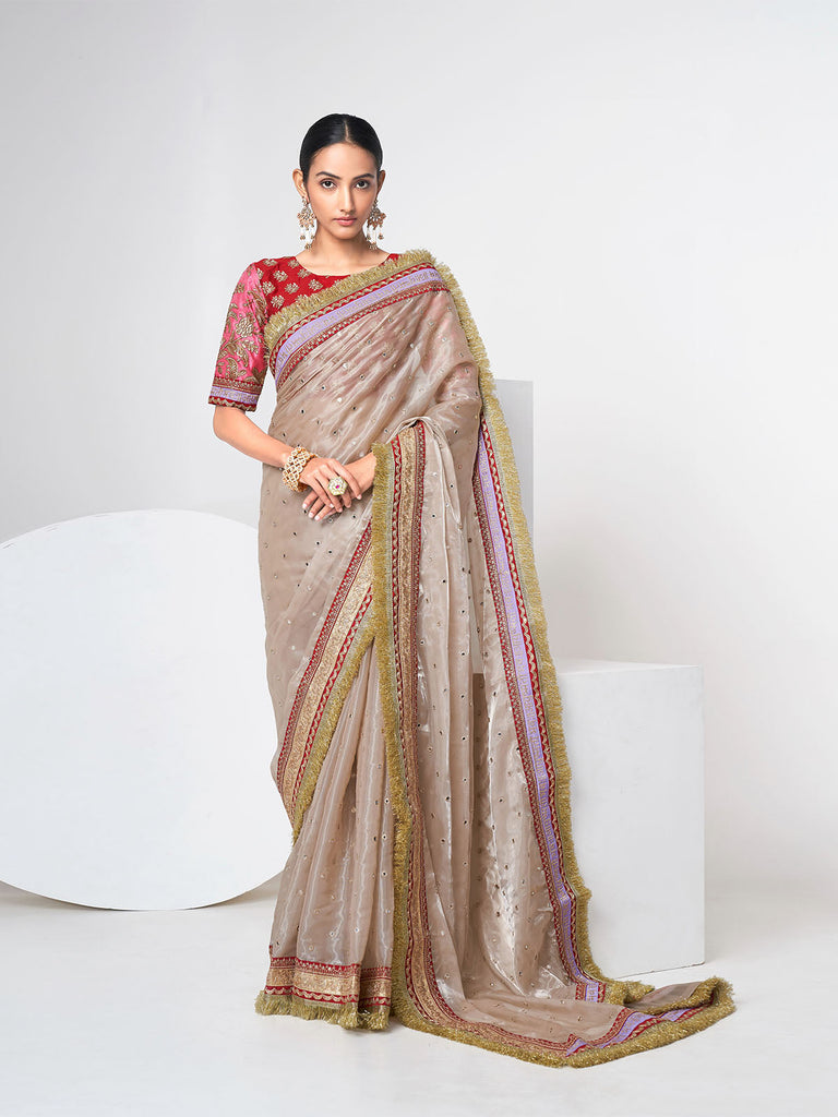 Beige Organza Saree With Unstitched Blouse Clothsvilla