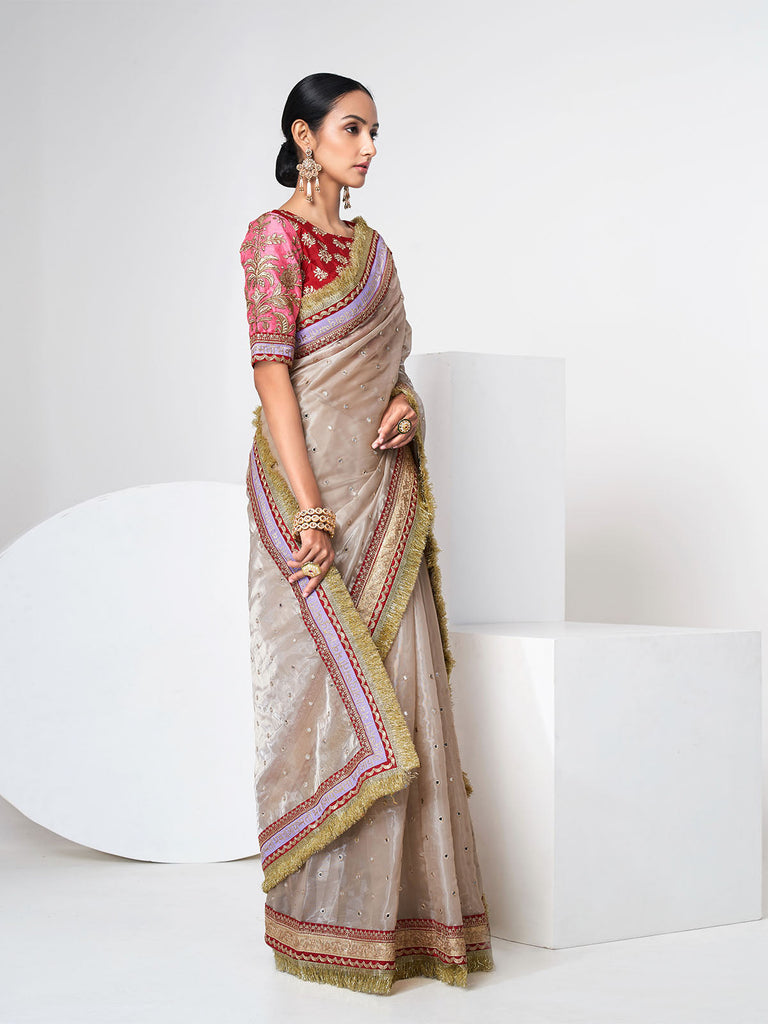 Beige Organza Saree With Unstitched Blouse Clothsvilla