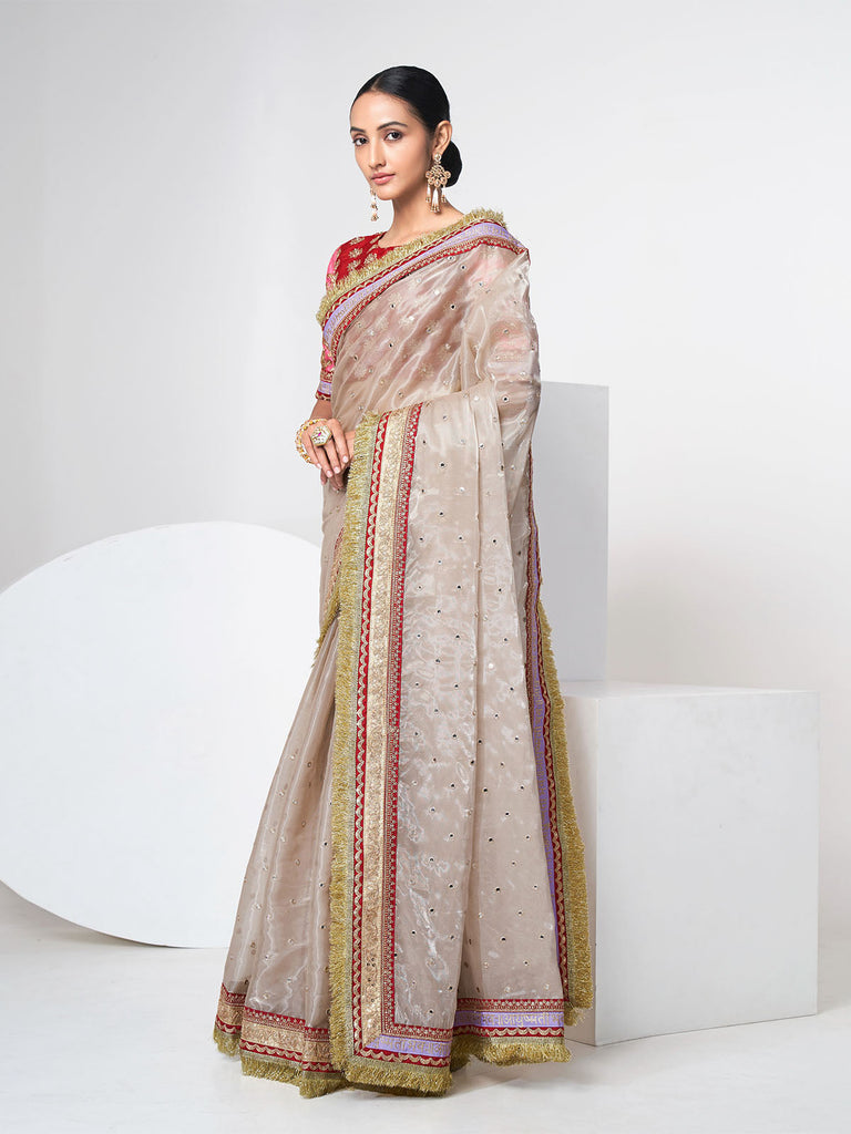 Beige Organza Saree With Unstitched Blouse Clothsvilla