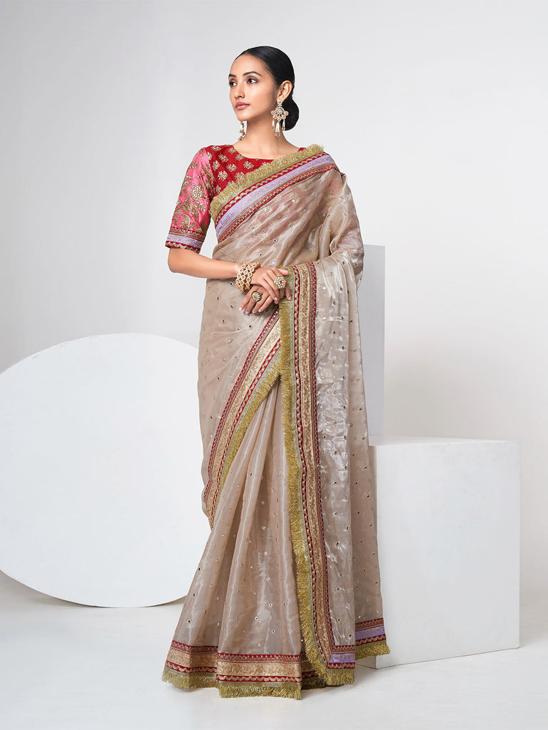 Beige Organza Saree With Unstitched Blouse Clothsvilla