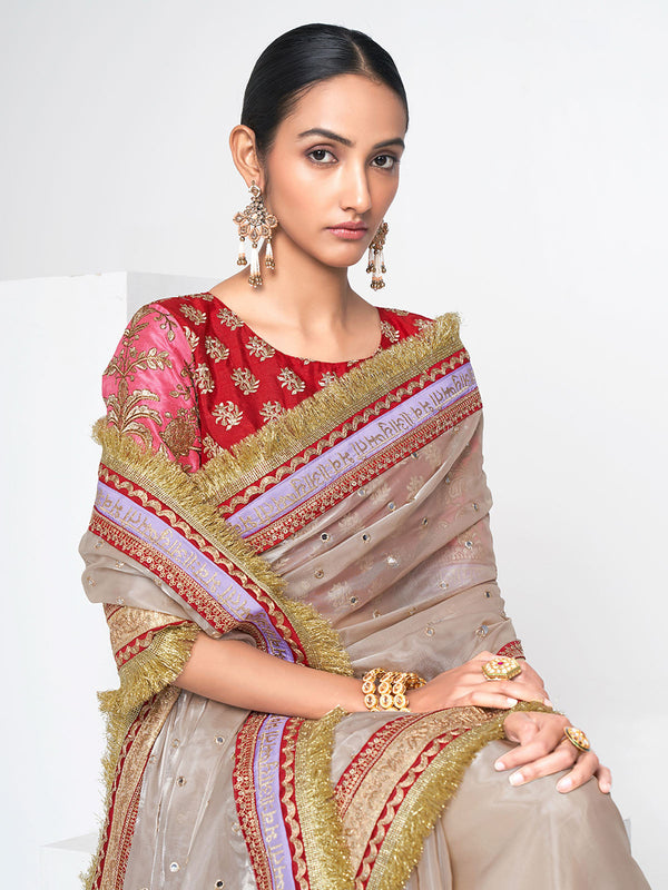 Beige Organza Saree With Unstitched Blouse Clothsvilla