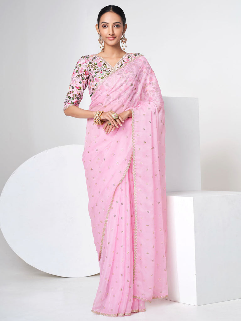 Pink Organza Saree With Unstitched Blouse Clothsvilla