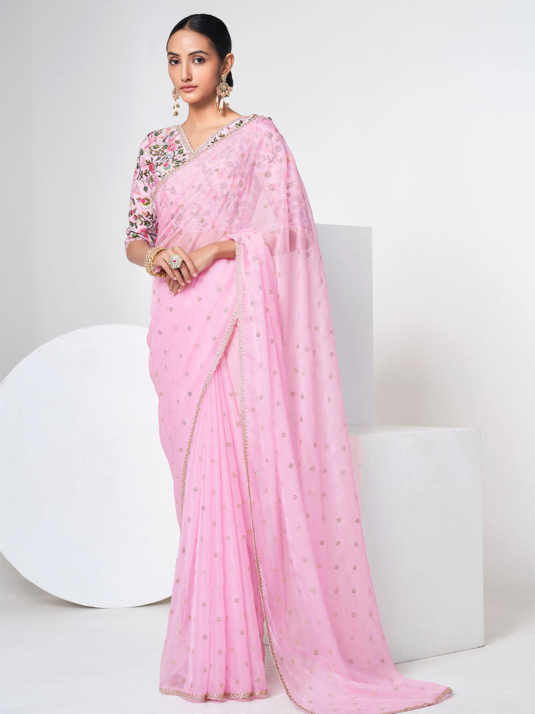 Pink Organza Saree With Unstitched Blouse Clothsvilla