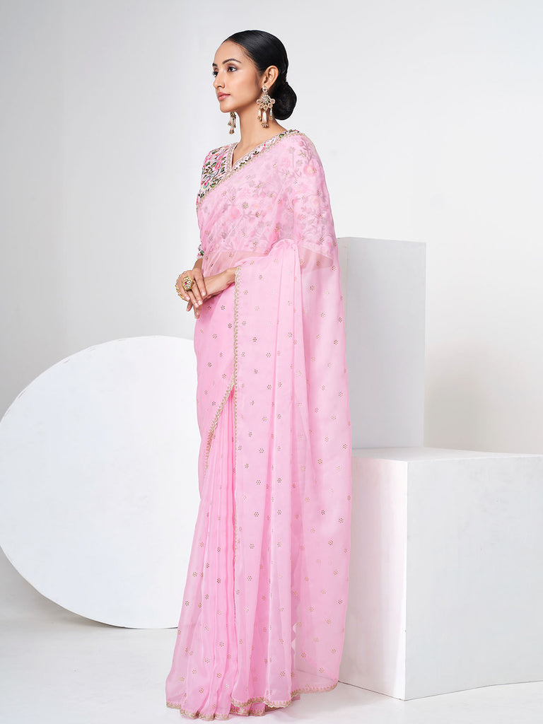 Pink Organza Saree With Unstitched Blouse Clothsvilla