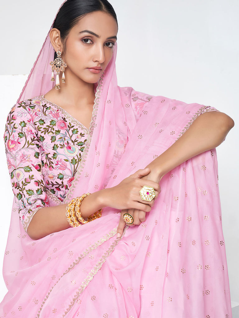 Pink Organza Saree With Unstitched Blouse Clothsvilla