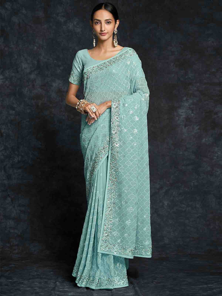 Light Blue Georgette Embroidered Saree With Unstitched Blouse Clothsvilla