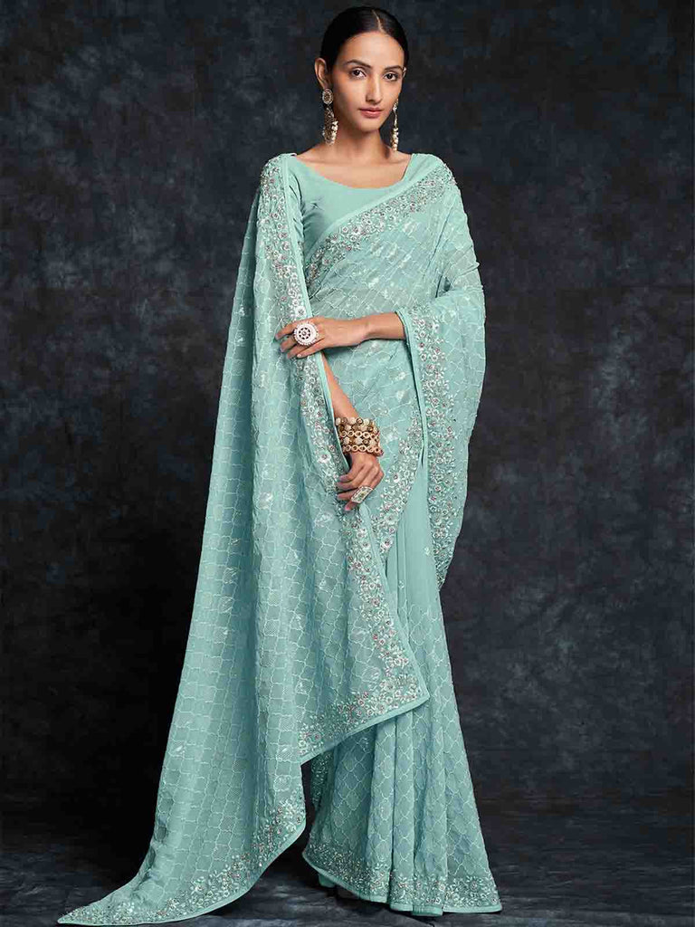 Light Blue Georgette Embroidered Saree With Unstitched Blouse Clothsvilla