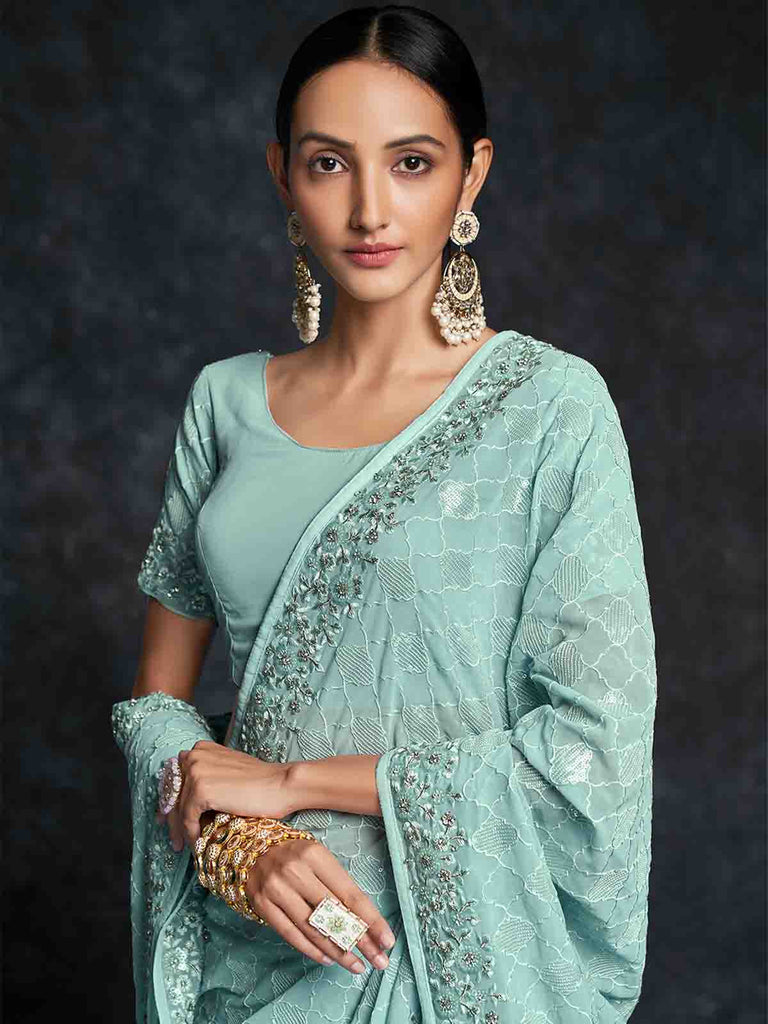 Light Blue Georgette Embroidered Saree With Unstitched Blouse Clothsvilla