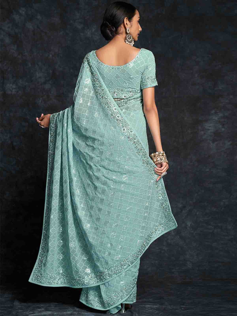 Light Blue Georgette Embroidered Saree With Unstitched Blouse Clothsvilla