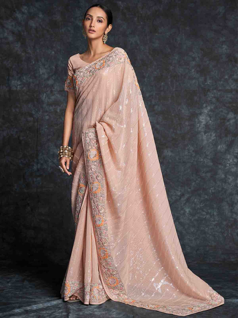 Peach Georgette Embroidered Saree With Unstitched Blouse Clothsvilla