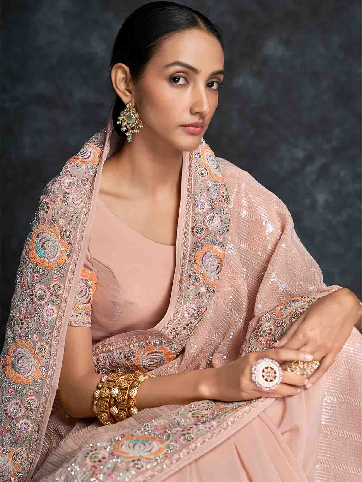 Peach Georgette Embroidered Saree With Unstitched Blouse Clothsvilla