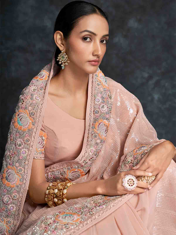 Peach Georgette Embroidered Saree With Unstitched Blouse Clothsvilla