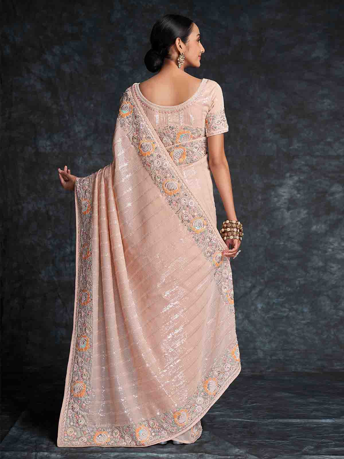 Peach Georgette Embroidered Saree With Unstitched Blouse Clothsvilla