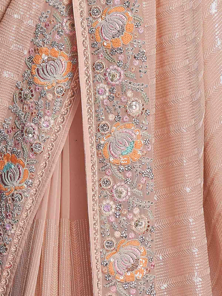 Peach Georgette Embroidered Saree With Unstitched Blouse Clothsvilla