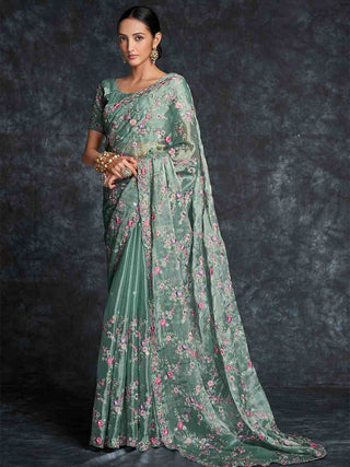 Green Organza Embroidered Saree With Unstitched Blouse Clothsvilla