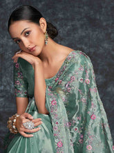 Load image into Gallery viewer, Green Organza Embroidered Saree With Unstitched Blouse Clothsvilla