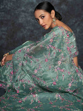 Load image into Gallery viewer, Green Organza Embroidered Saree With Unstitched Blouse Clothsvilla