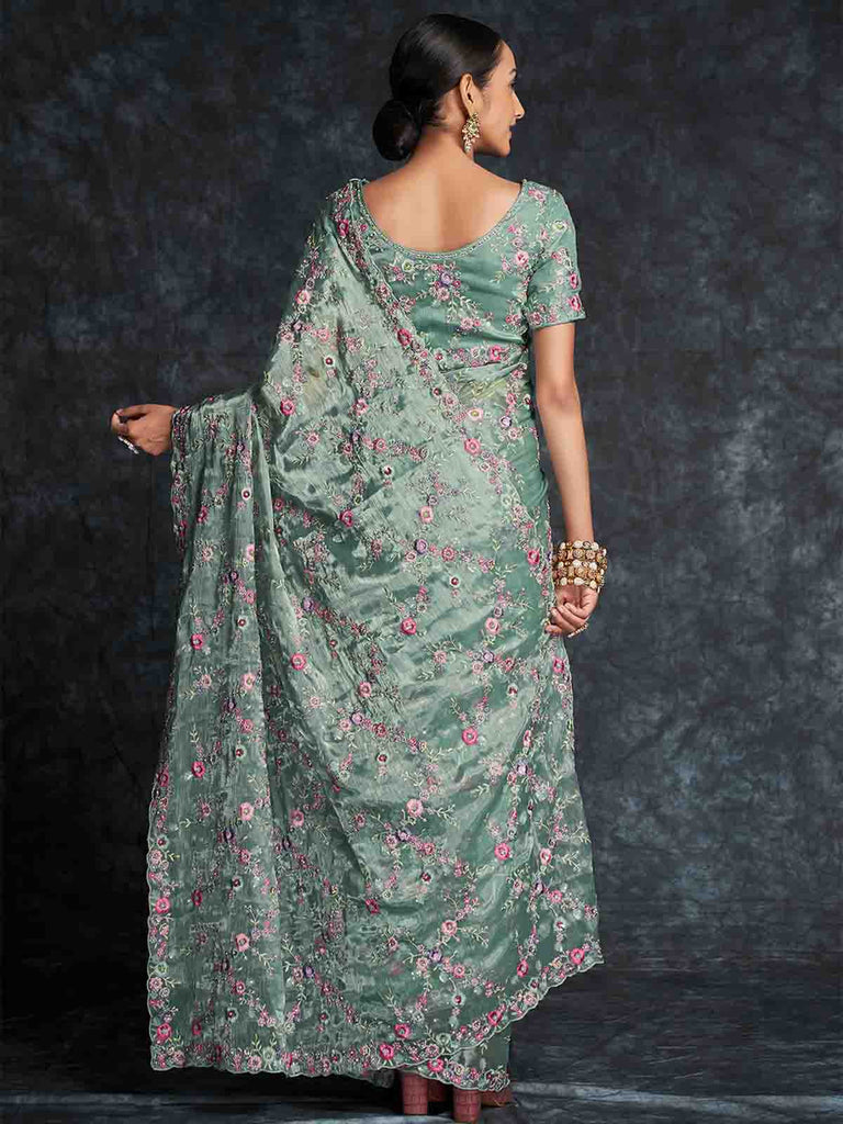 Green Organza Embroidered Saree With Unstitched Blouse Clothsvilla