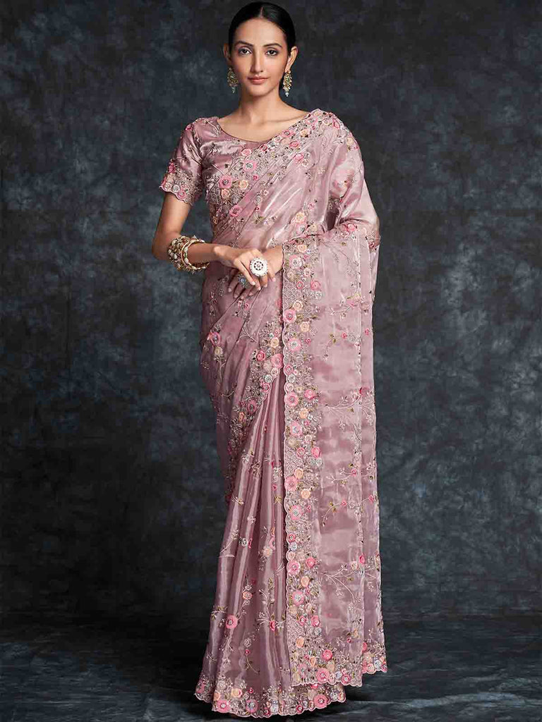 Pink Organza Embroidered Saree With Unstitched Blouse Clothsvilla