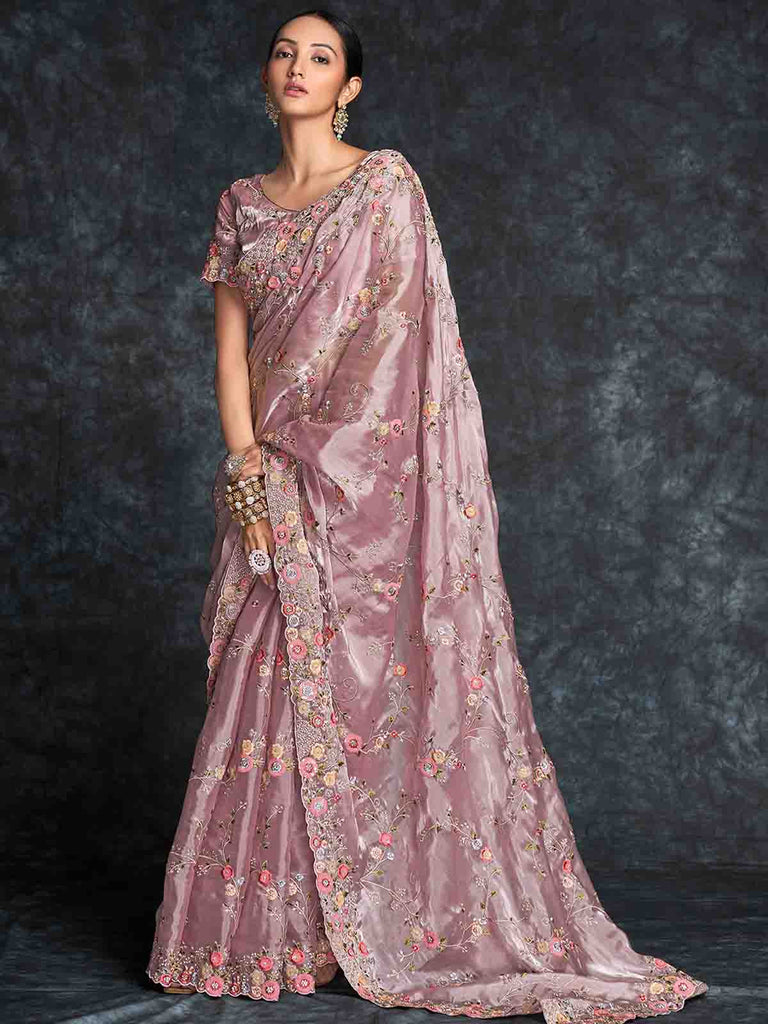 Pink Organza Embroidered Saree With Unstitched Blouse Clothsvilla