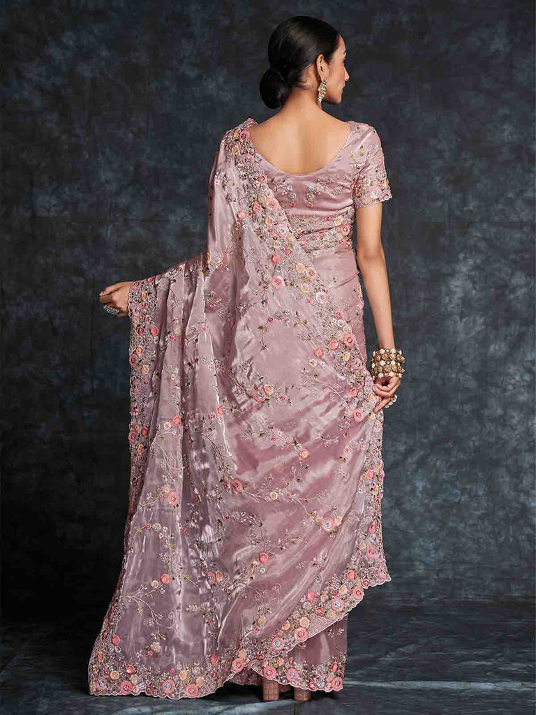 Pink Organza Embroidered Saree With Unstitched Blouse Clothsvilla