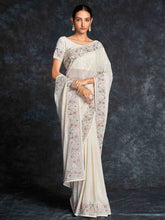 Load image into Gallery viewer, White Georgette Embroidered Saree With Unstitched Blouse Clothsvilla