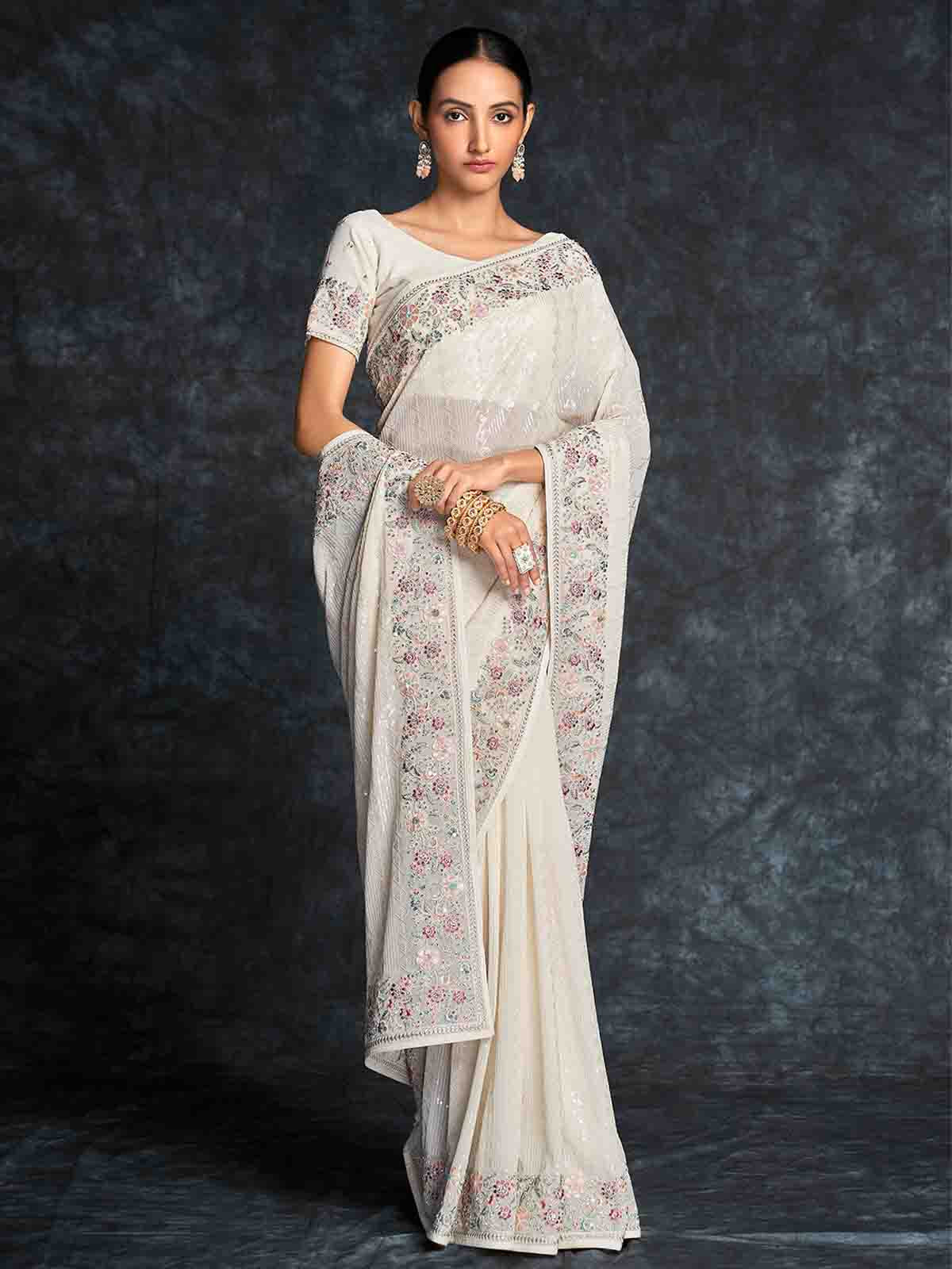 White designer saree | Saree designs, White saree, Wedding dresses lace