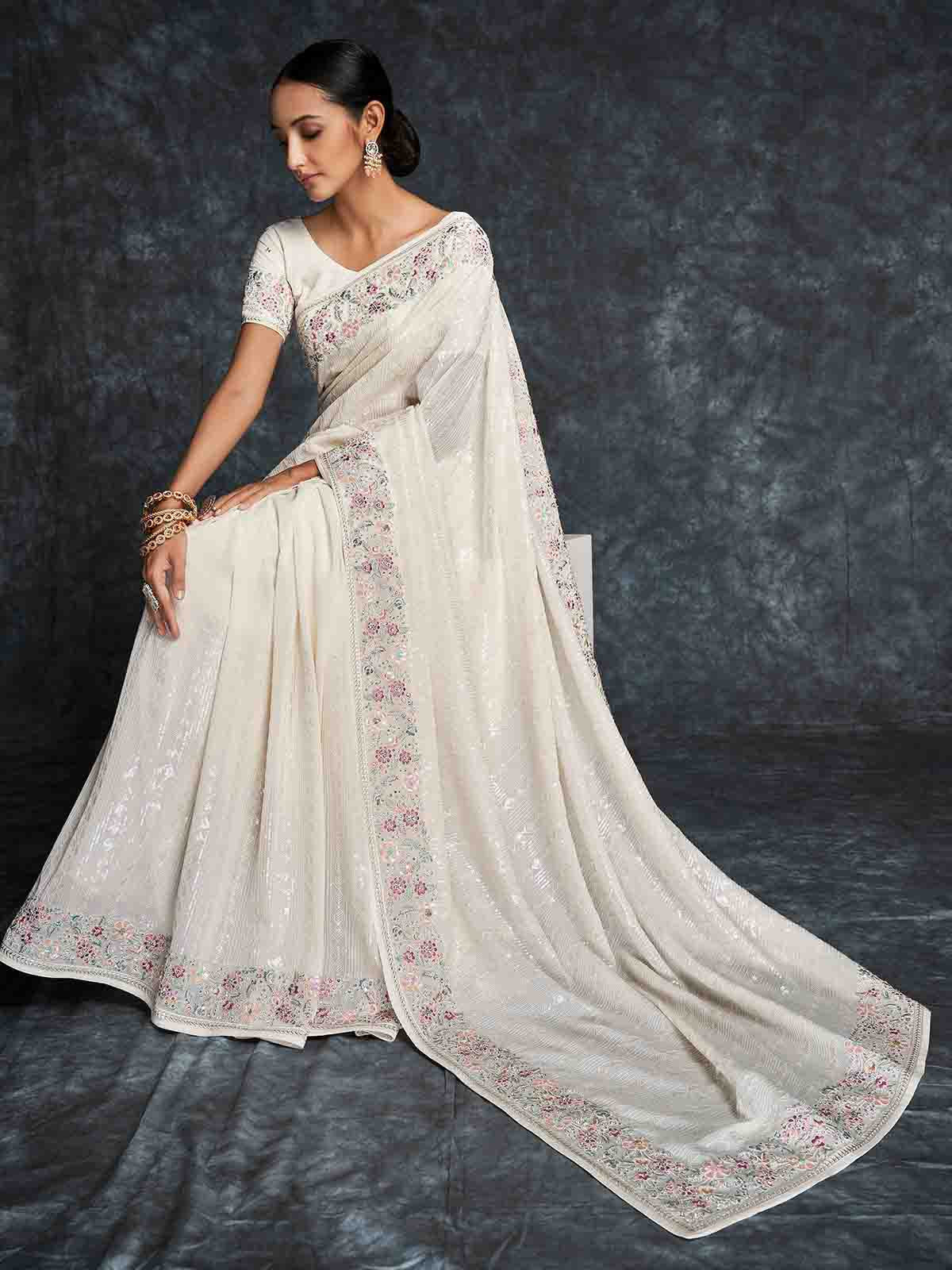 White Georgette Embroidered Saree With Unstitched Blouse Clothsvilla