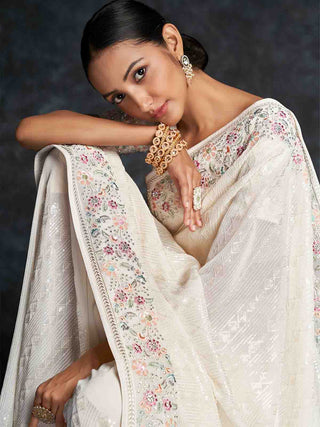 White Georgette Embroidered Saree With Unstitched Blouse Clothsvilla