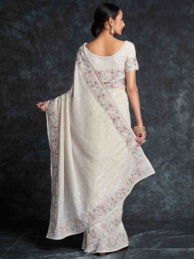 White Georgette Embroidered Saree With Unstitched Blouse Clothsvilla