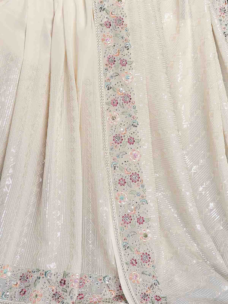 White Georgette Embroidered Saree With Unstitched Blouse Clothsvilla