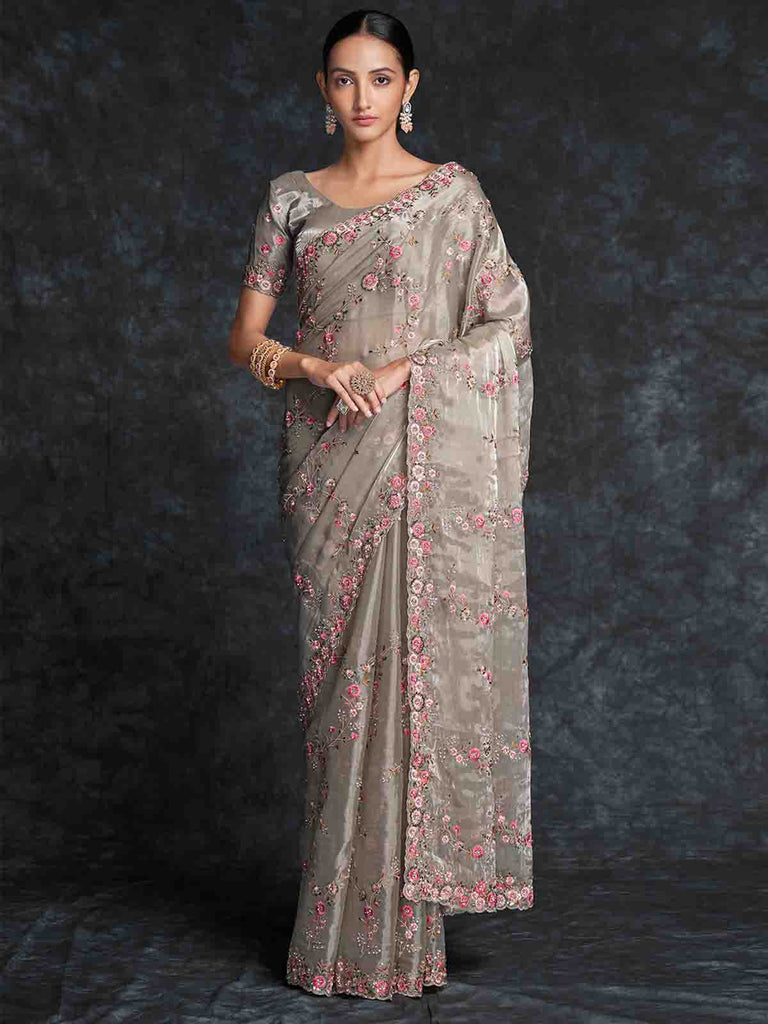 Grey Organza Embroidered Saree With Unstitched Blouse Clothsvilla