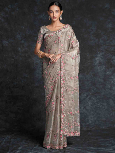 Grey Organza Embroidered Saree With Unstitched Blouse Clothsvilla