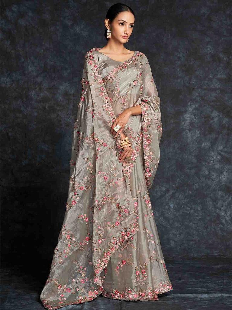 Grey Organza Embroidered Saree With Unstitched Blouse Clothsvilla