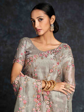 Load image into Gallery viewer, Grey Organza Embroidered Saree With Unstitched Blouse Clothsvilla