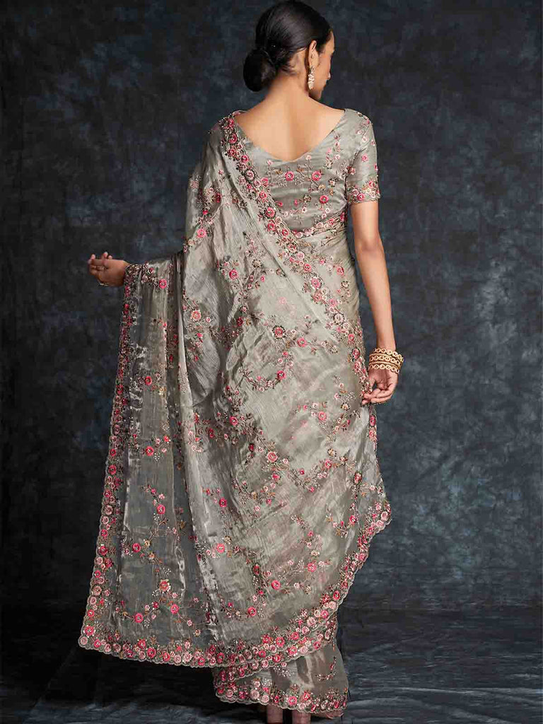 Grey Organza Embroidered Saree With Unstitched Blouse Clothsvilla