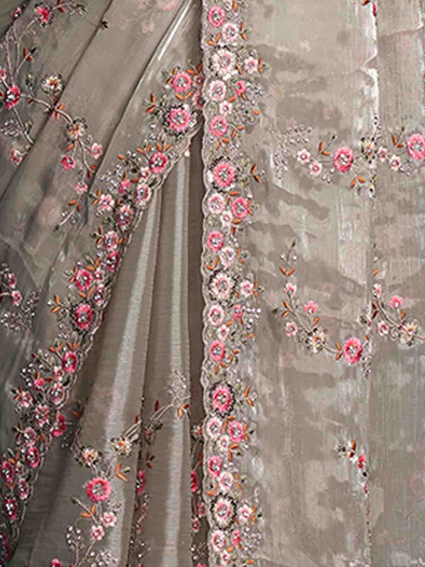 Grey Organza Embroidered Saree With Unstitched Blouse Clothsvilla