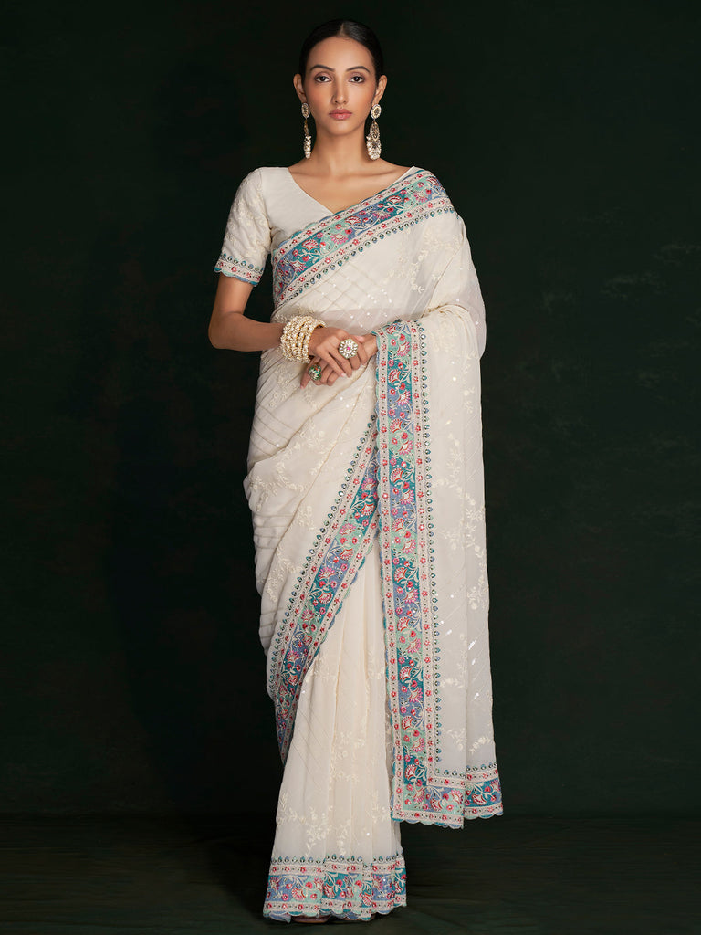 Beautiful White Georgette Embroidered Saree With Unstitched Blouse Clothsvilla