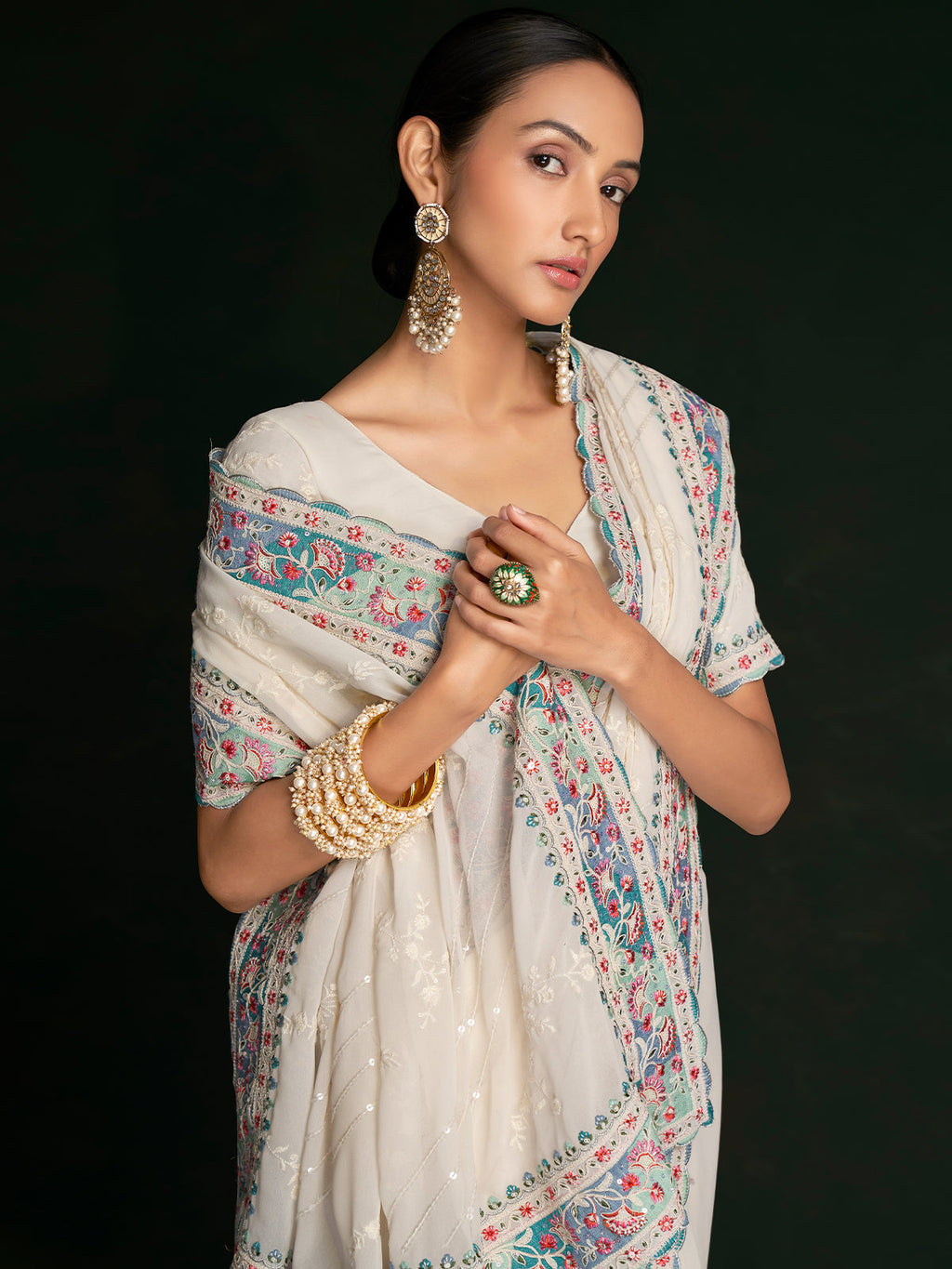 Beautiful White Georgette Embroidered Saree With Unstitched Blouse Clothsvilla