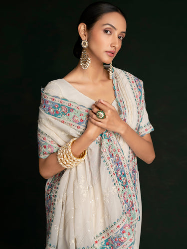 Beautiful White Georgette Embroidered Saree With Unstitched Blouse Clothsvilla