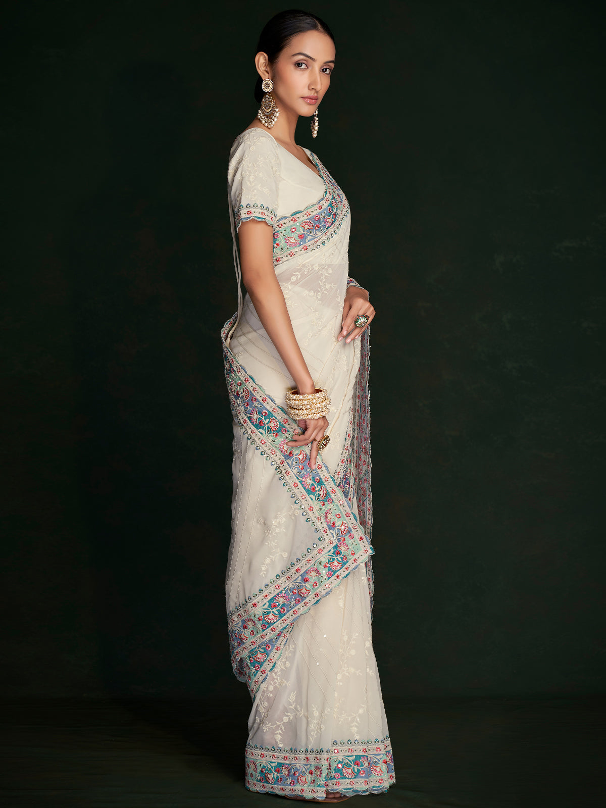 Beautiful White Georgette Embroidered Saree With Unstitched Blouse Clothsvilla