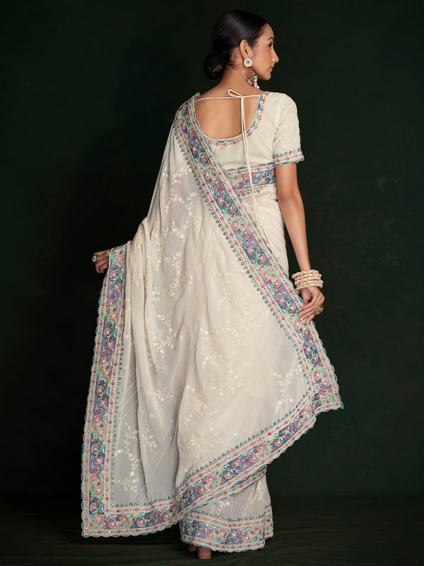 Beautiful White Georgette Embroidered Saree With Unstitched Blouse Clothsvilla