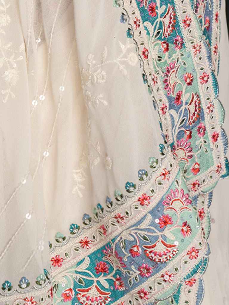 Beautiful White Georgette Embroidered Saree With Unstitched Blouse Clothsvilla