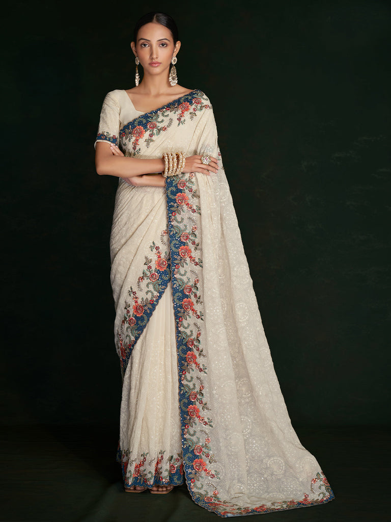 Stylish White Georgette Embroidered Saree With Unstitched Blouse Clothsvilla