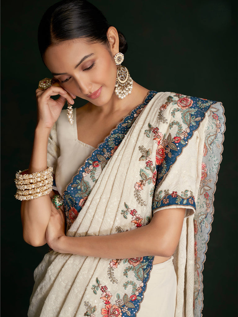 Stylish White Georgette Embroidered Saree With Unstitched Blouse Clothsvilla