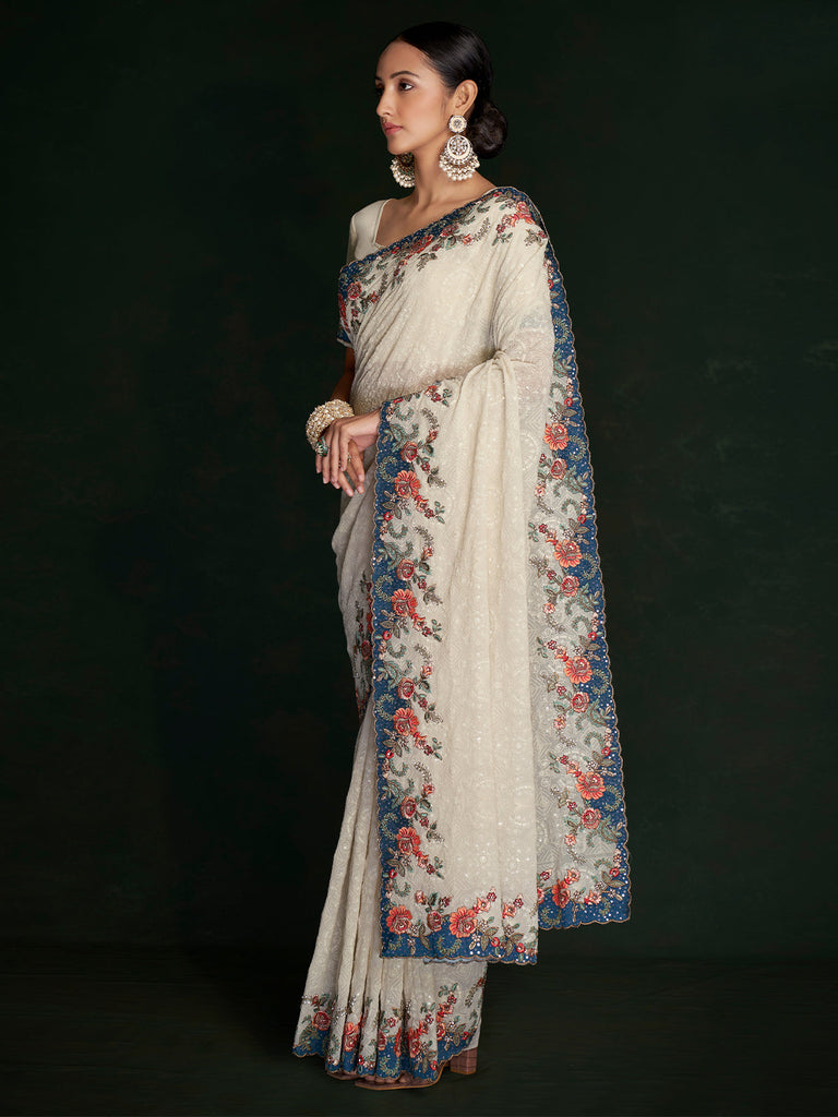 Stylish White Georgette Embroidered Saree With Unstitched Blouse Clothsvilla