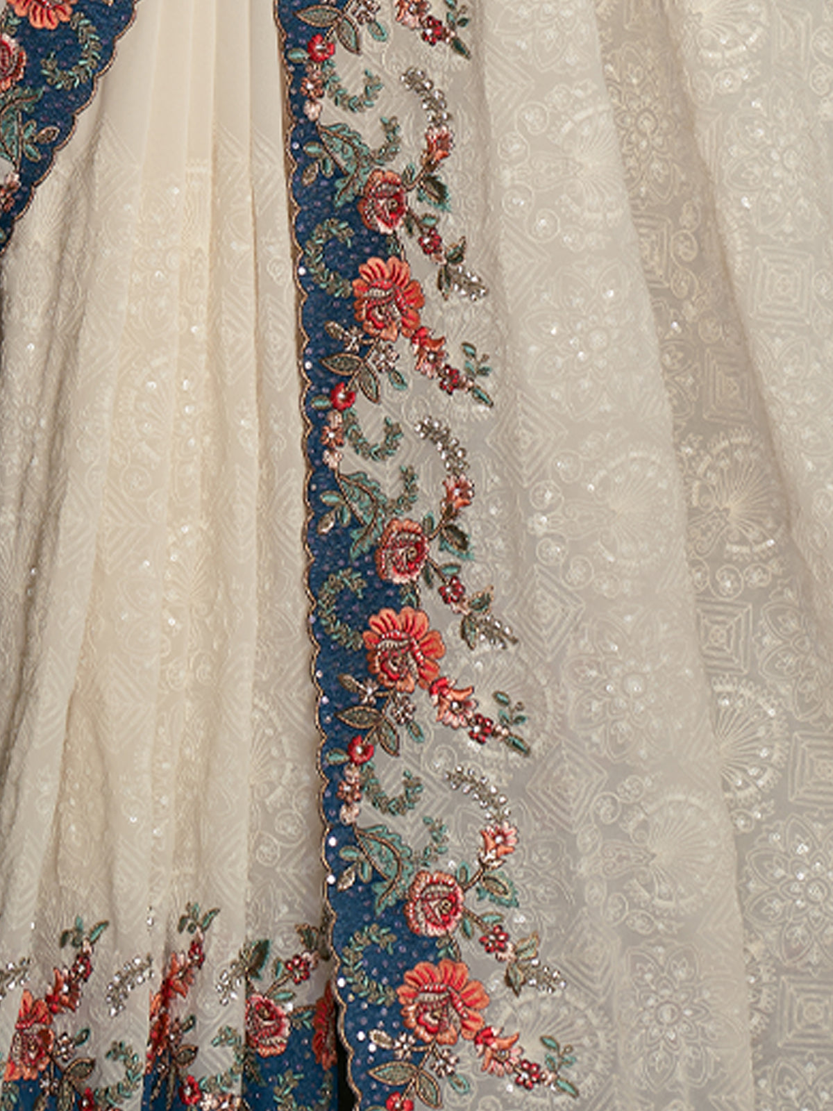 Stylish White Georgette Embroidered Saree With Unstitched Blouse Clothsvilla
