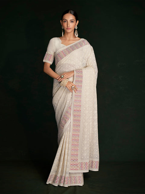 Modern White Georgette Embroidered Saree With Unstitched Blouse Clothsvilla Main image